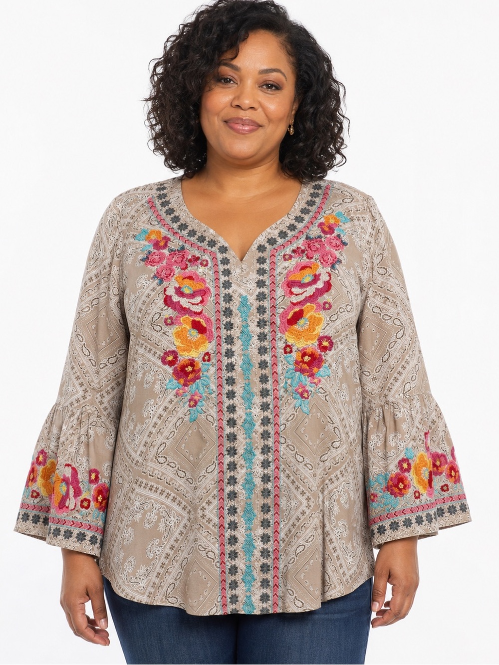 Savanna Jane 2X Taupe Paisley Floral Embroidered Boho Bell Sleeve Tunic